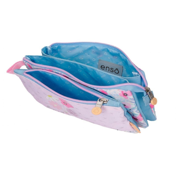 Estuche con 3 Compartimentos Full of Flowers de Enso Interior del estuche Enso Full of Flowers con útiles escolares organizados.