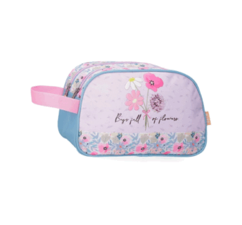 Producto: Imagen frontal del neceser Full Of Flowers de Enso con diseño floral en azul pastel.