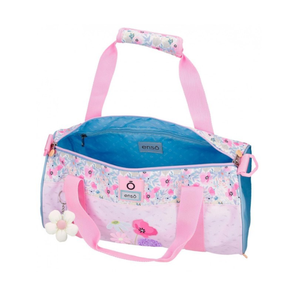 Bolsa de Viaje Full of Flowers de Enso Compartimento principal de la bolsa Enso Full of Flowers abierto con ropa en su interior.