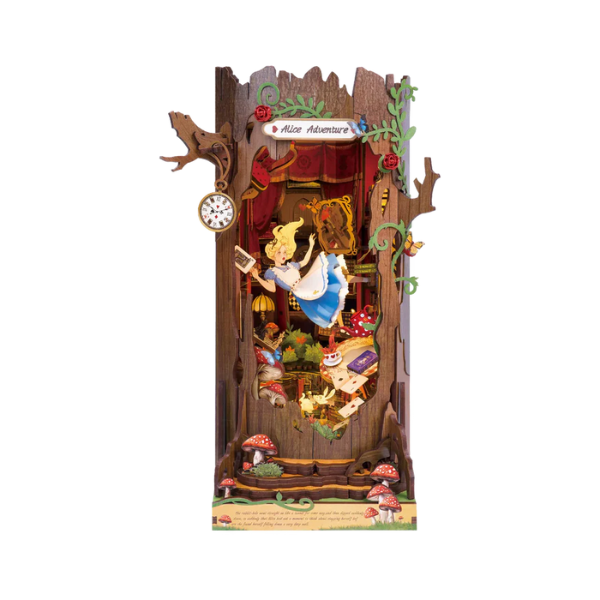 Maqueta Sujetalibros Alice Adventure de RoLife Vista frontal de la Maqueta Sujetalibros Alice Aadventure de RoLife montada con iluminación LED