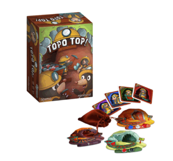 Caja de Topo Top Juego de Cartas de Átomo Games con ilustración de topos mineros