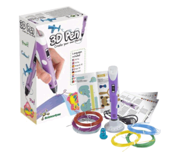 Bolígrafo 3D morado sobre soporte blanco junto a plantilla
