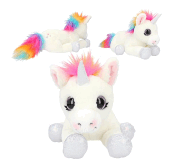 Peluche de Unicornio Tumbado 30 cm de Ylvi – Vista frontal con melena arcoíris.