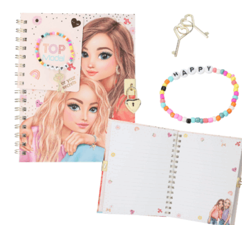 Diario con Candado y Pulsera de TopModel con diseño exclusivo y pegatinas.