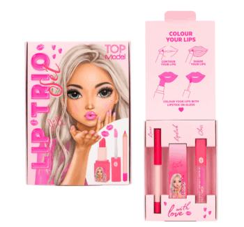 Trío de Labiales BEAUTY and ME de TopModel con delineador, pintalabios y brillo rosa.