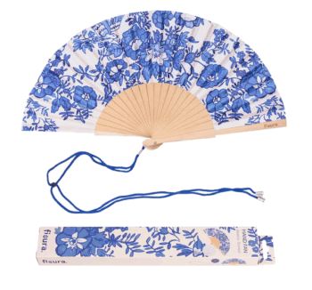 Abanico Época Regenta de Fisura abierto con estampado floral azul