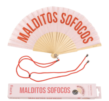 Abanico “Malditos sofocos” abierto con mensaje divertido