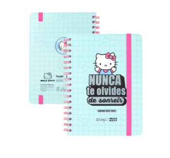 Portada de la Agenda Semanal 2025-26 Hello Kitty x Mr. Wonderful con diseño rosa y personajes ilustrados.