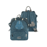 Vista frontal de la Mochila Pequeña Mr Triceratops de Trixie con diseño de dinosaurio