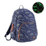 Mochila escolar de dinosaurios brilla en la oscuridad vista frontal