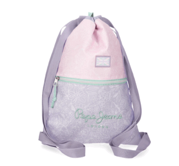 Mochila Saco Renata de Pepe Jeans en tonos malva y rosa con diseño tropical