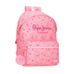Vista frontal de la Mochila Escolar Adaptable Alenka de Pepe Jeans con diseño floral sobre fondo rosa
