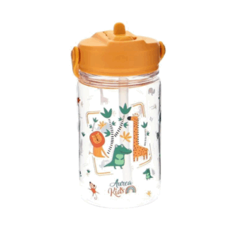 Botella Tritan 350Ml con estampado de safari y tapón infantil mostaza