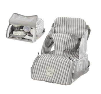 Trona Portátil Botton Strips de Walking Mum colocada en una silla de comedor