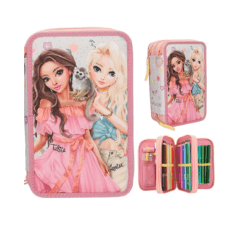 Estuche de tres compartimentos JUICY TOPModel con estampado veraniego y mono frontal.