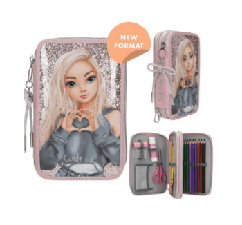 Estuche de 2 compartimentos MY BFF TOPModel frontal con purpurina y una modelo, completamente lleno con material escolar. Dos cremalleras.