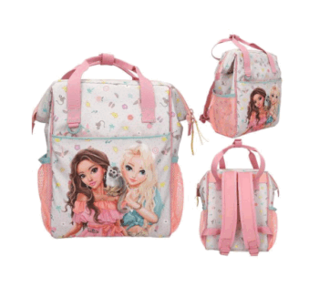 Vista de mochila JUICY TOPModel con estampado tropical y modelos