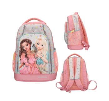 Vista de la mochila escolar JUICY TOPModel con estampado tropical y doble modelo