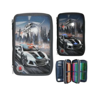 Vista del Estuche triple LED Monster Cars policía con luces encendidas y apagadas. Abierto para ver interior.