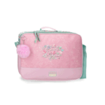 Cartera Escolar Movom My Little Garden vista frontal con llavero pompón lila