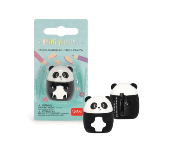 Vista frontal del sacapuntas Mini Friends de Legami en forma de panda.