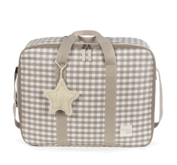 Maleta Caetana Sand Walking Mum beige con estampado a cuadros.
