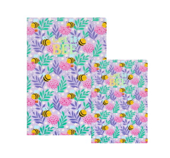 Cuaderno a Rayas Let It Bee Legami con portada lila y diseño floral con abejas en los dos tamaños