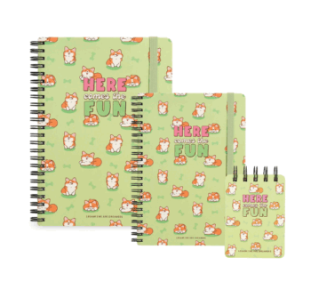 Portada del cuaderno Legami verde con estampado de perros Corgi en los tres tamaños