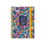 Agenda Secundaria Curso 2025/26 Tropical con diseño en tonos morados, rosas y mostaza.