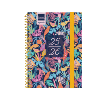 Agenda Secundaria Curso 2025/26 Tropical con diseño en tonos morados, rosas y mostaza.