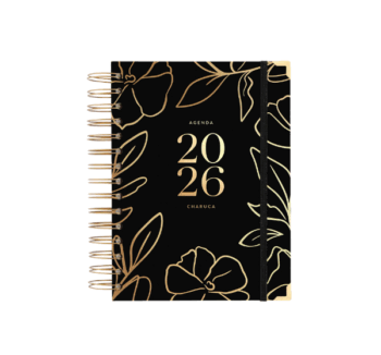 Agenda Diaria 2026 Black Mediana de Charuca con tapa dura negra y flores doradas.