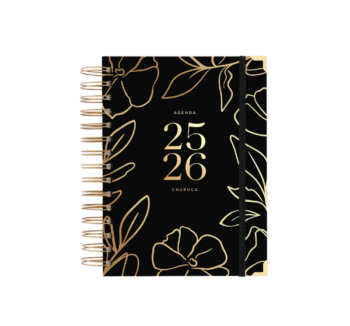 Portada de la Agenda A5 Diaria Black 2025/26 de Charuca en diseño minimalista negro.