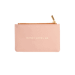 Tarjetero Rosa de Charuca con mensaje dorado “EL DINERO ME AMA”.