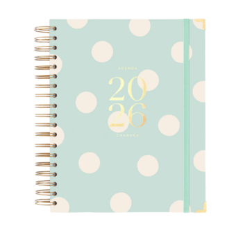 Agenda Diaria 2026 Mint Grande de Charuca con tapa dura mint y lunares con detalles dorados.