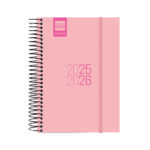 Agenda Pequeña Diaria 2025/26 Rosa de Finocam cerrada con goma elástica.