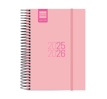 Agenda Pequeña Diaria 2025/26 Rosa de Finocam cerrada con goma elástica.