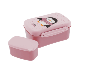 Fiambrera Hermética con Placa de Frío Pingüino Rosa con estampado adorable.
