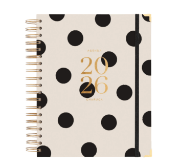 Agenda Diaria 2026 Minimal Grande de Charuca con tapa dura blanca y lunares negros.