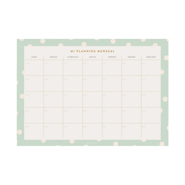 Planificador Mensual Mint A4 de Charuca Planificador Mensual Mint A4 de Charuca con diseño en color menta y topos beige.