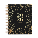 Agenda Diaria 2026 Black Grande de Charuca con estampado floral dorado sobre fondo negro.