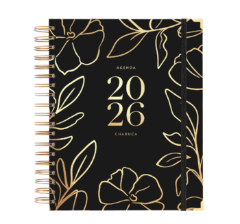 Agenda Diaria 2026 Black Grande de Charuca con estampado floral dorado sobre fondo negro.
