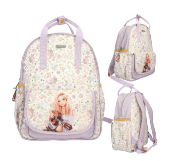 Mochila COWGIRL de TopModel color crema con detalles lila y amarillo, estampado cowgirl y bolsillo delantero con modelo tocando guitarra