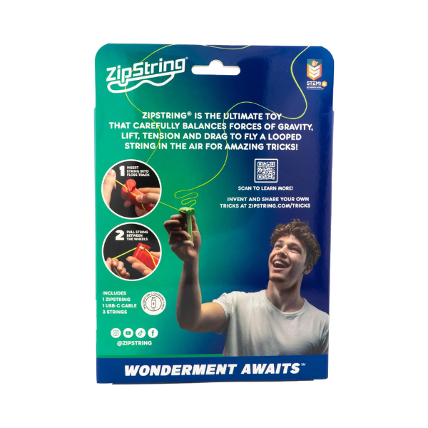 ZipString Cuerda Flotante Caja del producto ZipString con logotipo y colores disponibles.