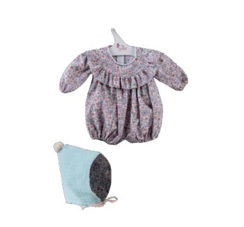 Vestido Pablo Pelele Volante Flores Gorro Verde Mint para muñecos de 43 cm