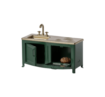 Cocina Ratón Verde Oscuro Maileg con horno y pastel en miniatura