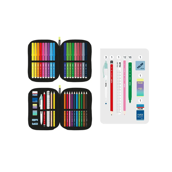 Plumier 2 Pisos con Contenido Sunset Milan Interior primer piso con lápices y bolígrafo organizados