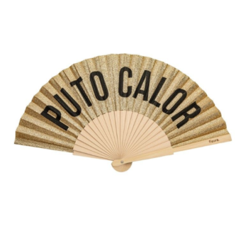 Abanico «Puto Calor» Purpurina Oro abierto
