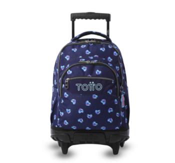 Mochila Escolar con Carro Corazones Azul Totto vista frontal glitter