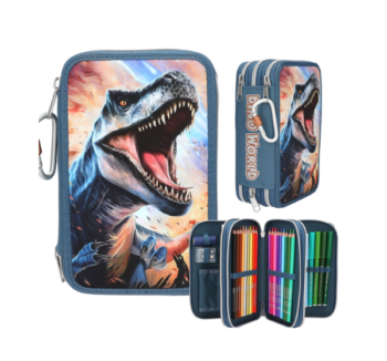 Estuche Triple con Mosquetón Dino World T-Rex escolar
