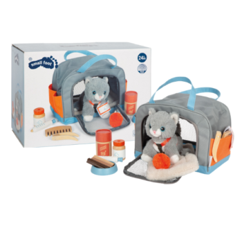 Gato de peluche con bolsa de transporte y accesorios de cuidado